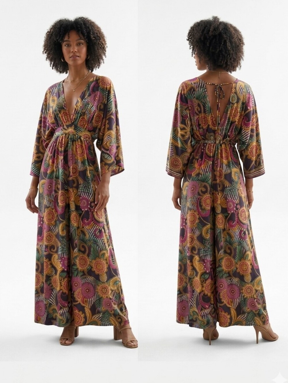 Touch Me Floral Multi-Color Maxi Dress with V-Neck and Tie Waist Woman's - Picture 4 of 11